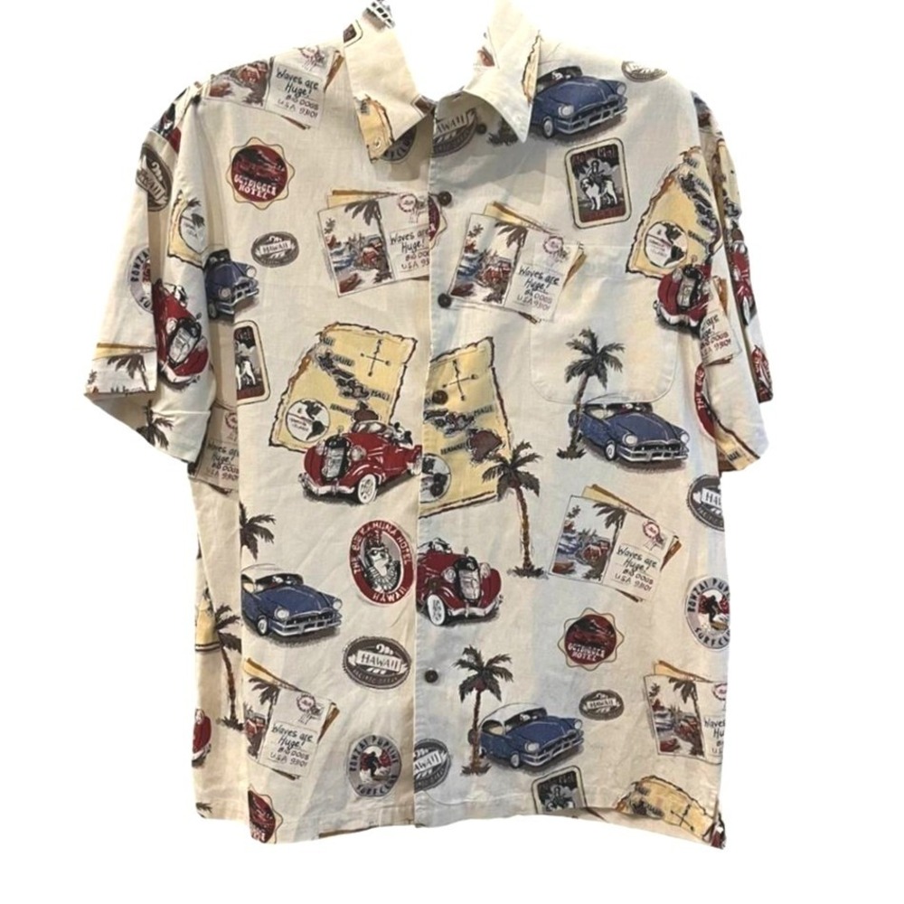 Big Dogs Vintage Hawaiian Button Up Shirt Classic Cars Map S/M Tan Linen Blend